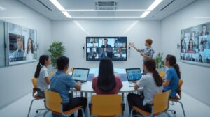 Integrasi Video Conference di Smart Classroom. buatkan gambar yg sesuai dengan teks nya. harus sesuai ya (2)