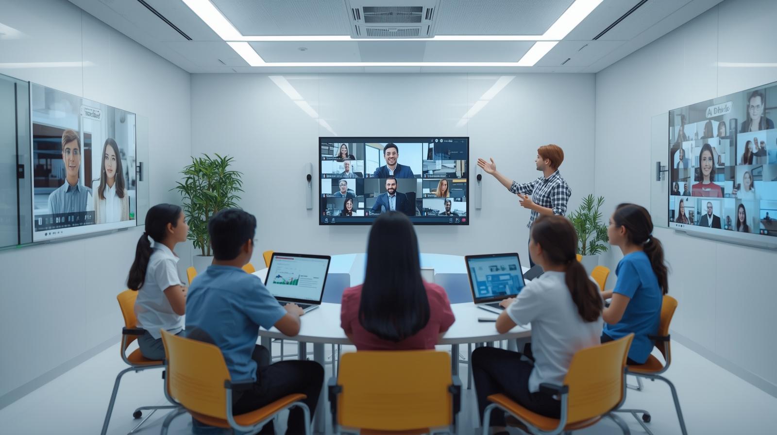 Integrasi Video Conference di Smart Classroom. buatkan gambar yg sesuai dengan teks nya. harus sesuai ya (2)
