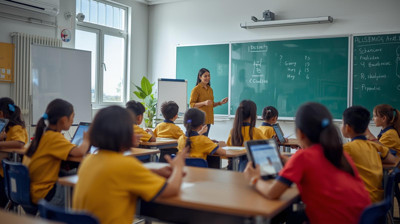 Studi Kasus Implementasi Smart Classroom di Sekolah Indonesia. buatkan gambar yg sesuai dengan teks nya. harus sesuai. ada interaksi antar orang nya